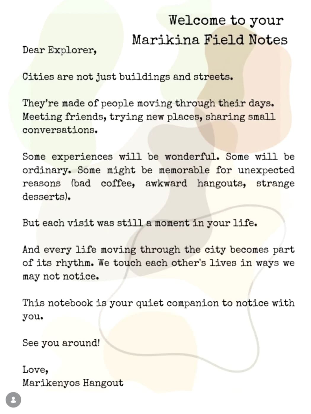 The welcome page inside the notebook, a typewritten letter that begins Dear Explorer
